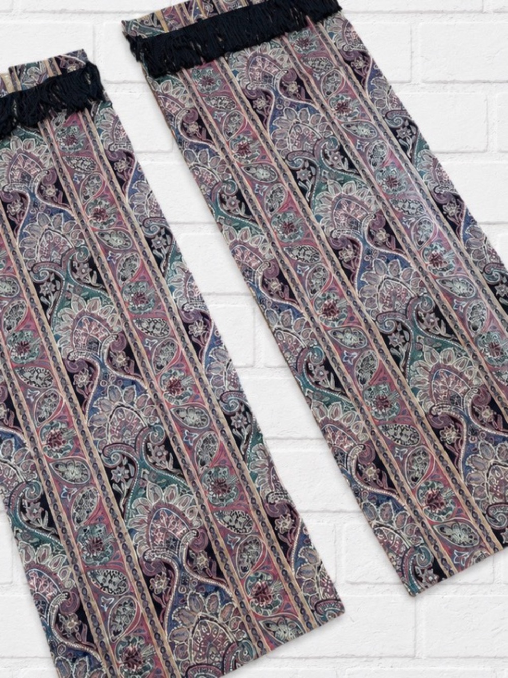 Custom Paisley Patterned Purple Window Curtains with Black Trim - Picture 2 of 4